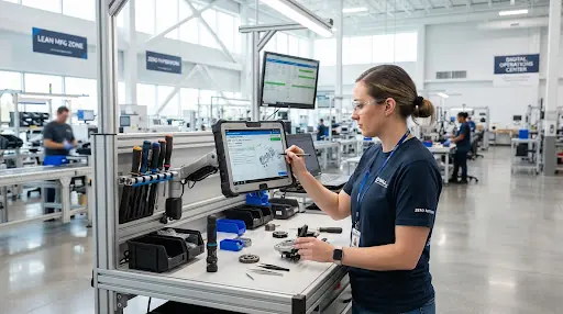 Operator capturing production data on a rugged shop-floor tablet